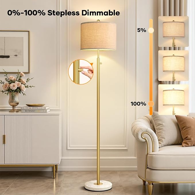 【Upgraded】 Dimmable Floor Lamp for Living Room, 11W LED Bulb Included, Modern Standing Lamp with Marble Base, Tall Pole Light with Linen Shade for Bedroom Reading Office Corner Nursery-Brass Gold
