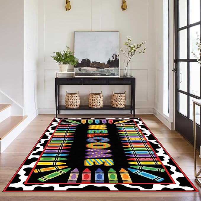 Welcome Crayon Area Rug 3'x5' Colorful Alphabet Rugs for Entryway Bedroom Living Room Nursery Playroom Classroom Home Decor Non-Slip Washable Carpet Kids Floor Mat
