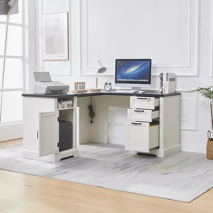 55” Farmhouse L Shaped Desk with Charging Station,Executive L Shaped Desk with Lockable Drawers and Storage Cabinet & Adjustable File Cabinet,White Corner Desk for Home Office
