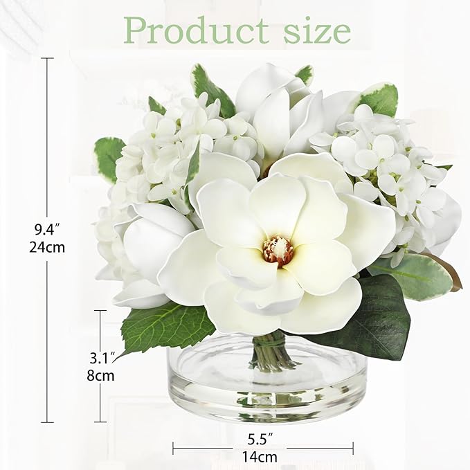 Briful Artificial Magnolia and Hydrangea Flower Arrangement in Glass Vase 9.4" Realistic White Silk Fake Flower with Faux Water Fake Floral Centerpieces for Home Room Office Table Shelf Décor