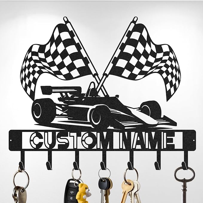 Personalized Racing Car Key Holder, Custom Metal Racing Car Key Hooks with Name, Large Black Metal Wall Hooks Rack, Custom Jacket Organizer for Garage, Living Room, Entryway, Gifts for Men(8in)