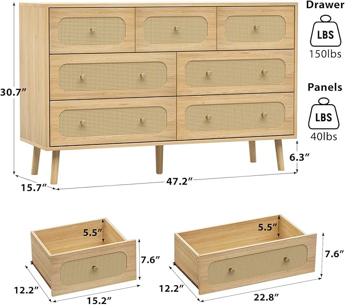 SINROM® Rattan Dresser for Bedroom, Farmhouse Dresser 7 Drawer for Bedroom, Wide Chest of Organizer Storage Drawers for Living Room, Hallway, Entryway