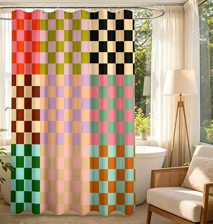 Linen Checkerboard Shower Curtain Seats,Mid-Century Geometric Curtains for Bathroom,Morden Boho Colorful Art Shower Curtains 72x72 Inch