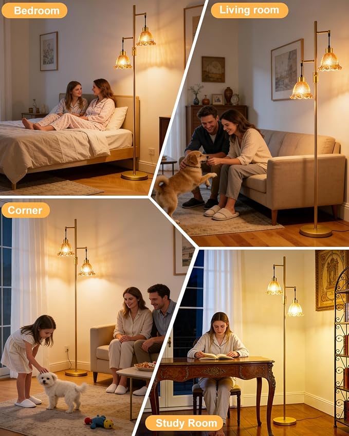 Lightdot 2- Light Gold Flower Floor Lamp for Living Room, 65IN Dimmable Floor Lamps with Amber Glass Shade& Warm White Bulbs, Modern Standing Tall Lamp with 5Lbs Heavy Base for Bedroom Home Office