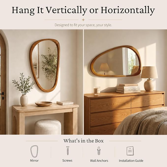 Solid Wood 30"x20" Irregular Asymmetrical Mirror, Japandi Boho Organic Shaped Decorative Accent Mirror, Small Natural Honey Walnut Wooden Wall-Mounted Mirror, Warm Walnut