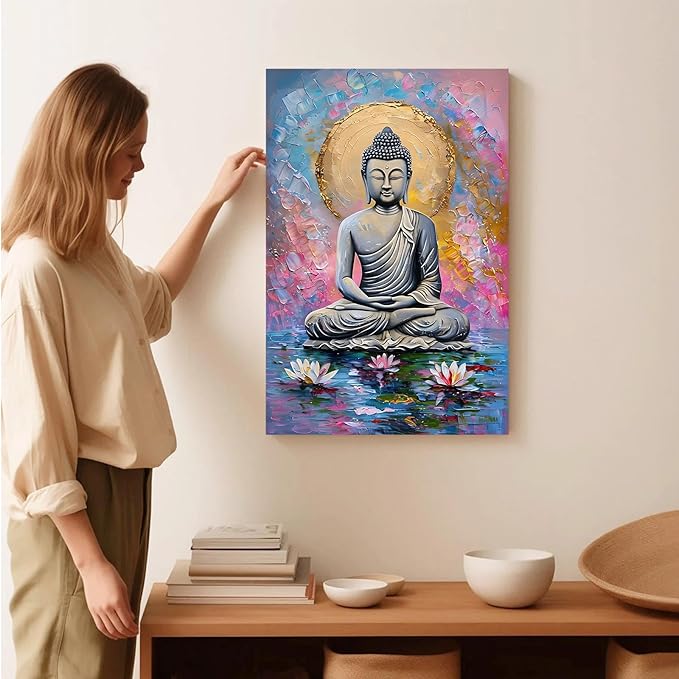 Lotus and golden Buddha meditation tranquil zen wall art mindfulness wall art for spiritual harmony and tranquility decor 8x12in Frameless