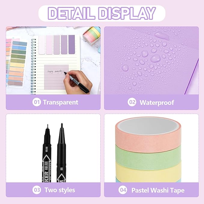 Sinload 60 Pcs Aesthetic Book Annotation Kit School Supplies Cute Pencil Case 12 Highlighter 5 Gel Pen 6 Mechanical Pencil 5 Magnetic Bookmark 1220 Pcs Sticky Note Tab Student Stationary(Purple)
