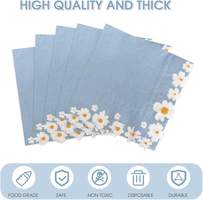 100 Pack Floral Paper Napkins, Blue-White Flowers Cocktail Napkins Tea Party Decorations, 4-Ply Guest Napkins Disposable for Wedding Birthday Baby Shower Bar Hotel Restaurant Folded 6.5 x 6.5 Inches
