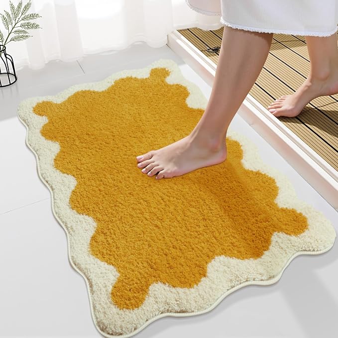 Uphome Bath Mats for Bathroom, Soft Shaggy Microfiber Absorbent Bathroom Rug Non Slip, 18x26 Cute Scalloped Machine Washable Bathroom Mat for Shower, Floor, Tub, Sink, Yellow