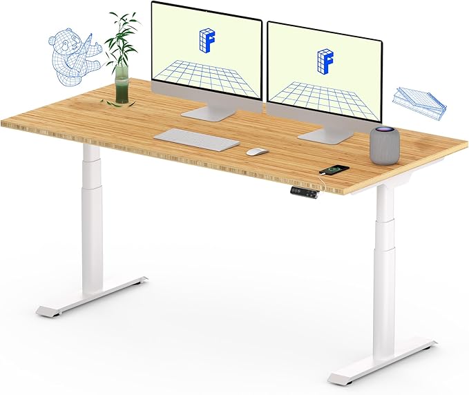 FLEXISPOT E6 Pro Oval Leg Dual Motor 3 Stages Bamboo Electric Standing Desk 55x28 Inch Whole-Piece Board Height Adjustable Electric Sit Stand Up Desk (White Frame + Bamboo Desktop)