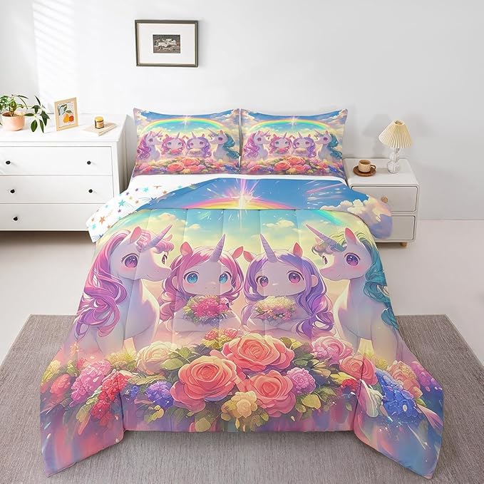 Castle Fairy Kawaii Unicorn Comforter Set Queen Size,Cartoon Cute Unicorn Horse Animal Reversible Bedding Set for Women Adult,Stars Rainbow Watercolor Flowers Luxury Bed Duvet Insert, 2 Pillowcases