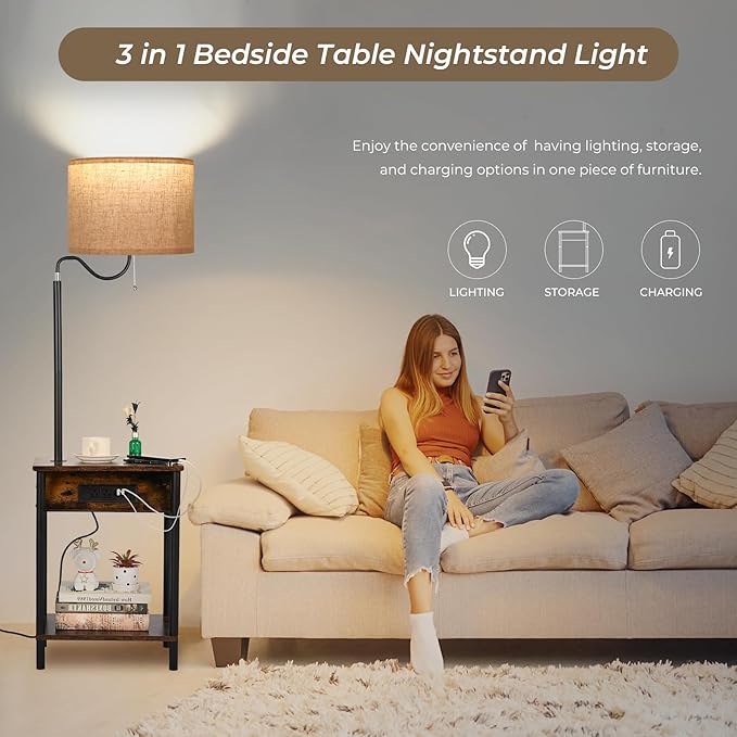 FIMEI Floor Lamp with Table, End Table with Charging Station USB Ports & Outlets, Bedside Table 3 Color Temperature Reading Light, Nightstand with Shelves for Living Room, Bedroom, Apartment