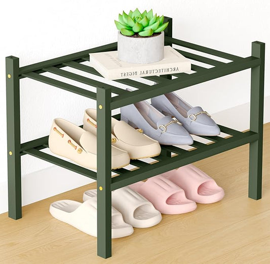 Smiry Bamboo Shoe Rack for Closet, 2 Tier Small Wooden Stackable Shoe Organizer, Free Standing Shoes Storage Shelf for Entryway, Front Door Entrance, Green