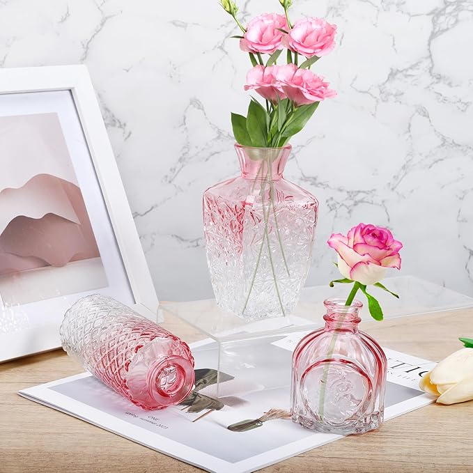 Glass Bud Vases Set of 12,Pink Bud Vases in Bulk,Small Flower Vase for Centerpiece,Mini Vintage Vase for Wedding Home Room Office Table Decor(Pink)