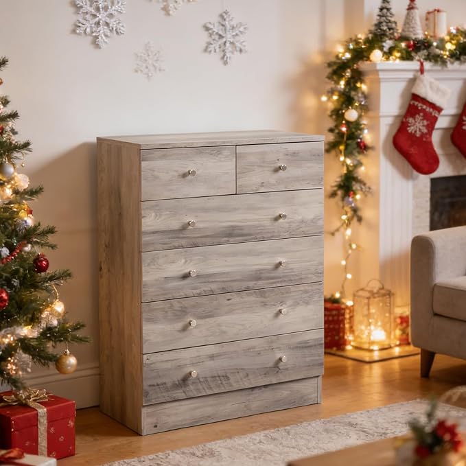Karl home Grey 6 Drawer Dresser for Bedroom, Modern Wood Dresser Chest of Drawers, Bedroom Modern Nightstand, Anti-Tipping Device, Rose Gold Metal Handle, Living Room, Hallway, Office