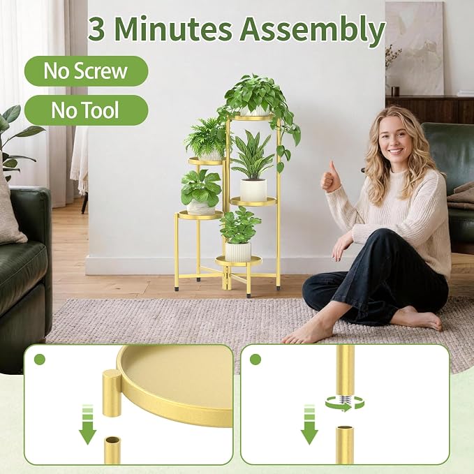 LASZOLA 5 Tier Large Plant Stand Indoor Tall with 10 Inch Metal Tray, Corner Folding Flower Display Rack, Modern Plant Holder Shelf for Outdoor Patio Porch Garden Office Living Room, Gold