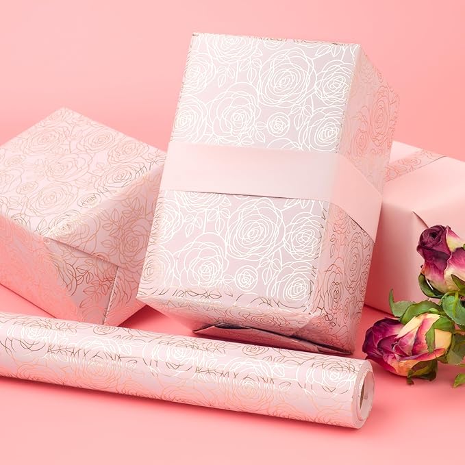 LDGOOAEL Mini Wrapping Paper Roll - Reversible Design (17" X 32.8Feet) - Metallic Gold Rose for Mothers Day, Birthday, Baby Shower