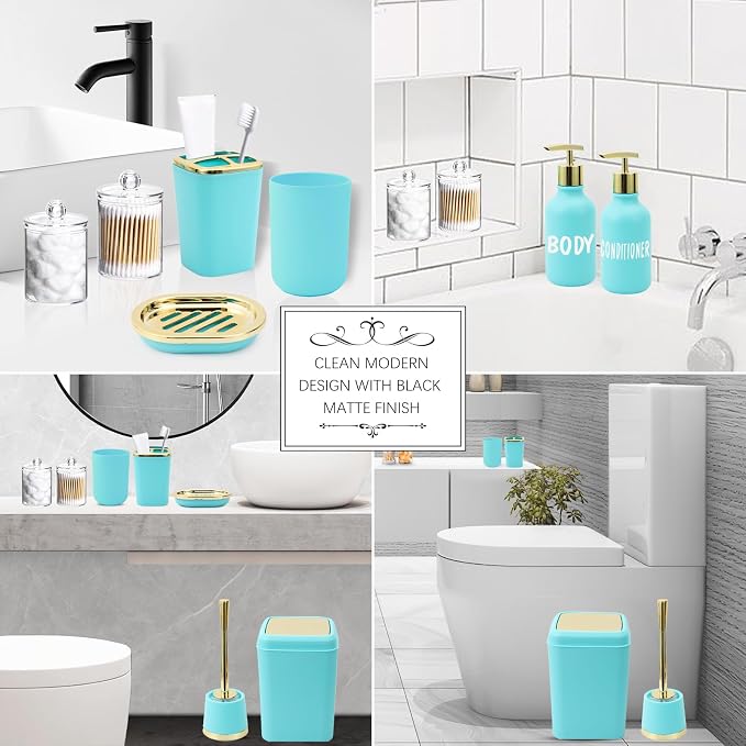 XLHOMO Teal Bathroom Accessories Set - 10 Piece Bathroom Accessory Set with Trash Can, Soap Dispenser, Soap Dish, Toothbrush Holder and Cup, Toilet Brush, Qtip Holder, Bathroom Decor Sets Complete