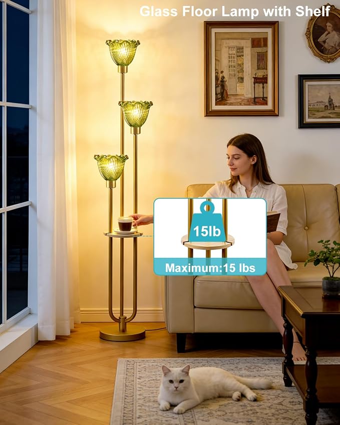 Lightdot Green Glass Floor Lampfor Living Room Gold Floor Lamp with Glass Shade & 3000K Bulbs Included 3-Lights Modern Tall Standing Lamp with 5Lbs Heavy Base for Bedroom/Sofa Beside/Corner Decor