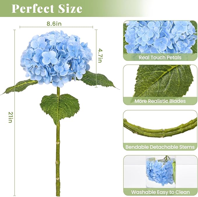 MARTINE MALL 2Pcs 21in Hydrangea Artificial Flowers, Latex Real Touch Hydrangeas Lifelike Large Hydrangea Flowers for Home Decor Party Arrangements Wedding Bouquets Centerpieces (Blue)