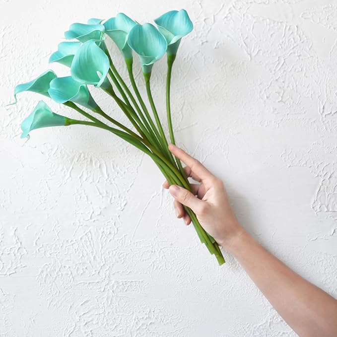 FiveSeasonStuff Real Touch Calla Lily Artificial Flowers Wedding Bridal Bouquet | Floral Arrangements | 15 Calla Lilies (Marine Blue)