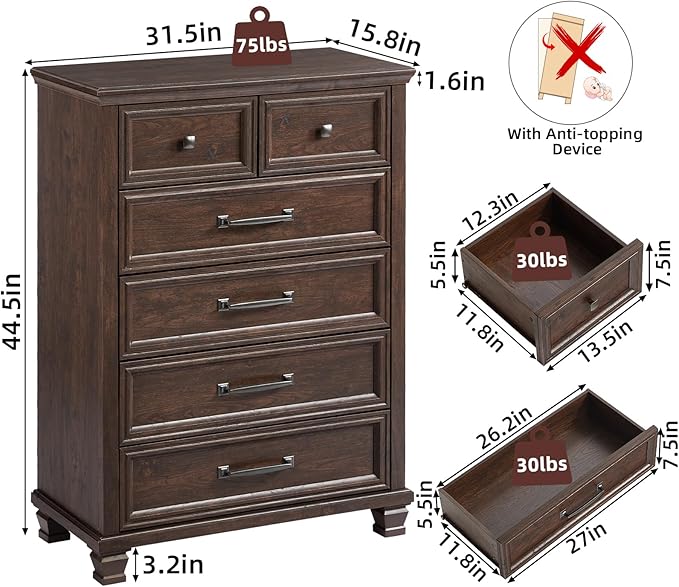Farmhouse 6 Drawer Dresser for Bedroom, 45 Inch Tall Vintage Wood Chest of Drawers, Mid-Century Dressers w/Square Wooden Legs, Rustic Storage Organizer for Living Room, Hallway, Walnut