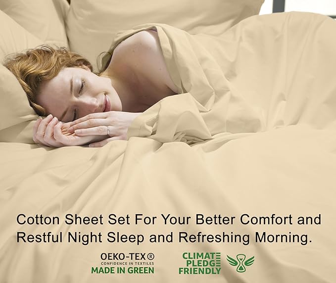 RUVANTI 100% Cotton Twin Sheets Set, 3 Pieces, Soft & Breathable Percale Weave Bedding, Deep Pocket 16", Hotel Standard, Crisp Cool Feel, Durable, Perfect Dyed Bed Sheet, Beige
