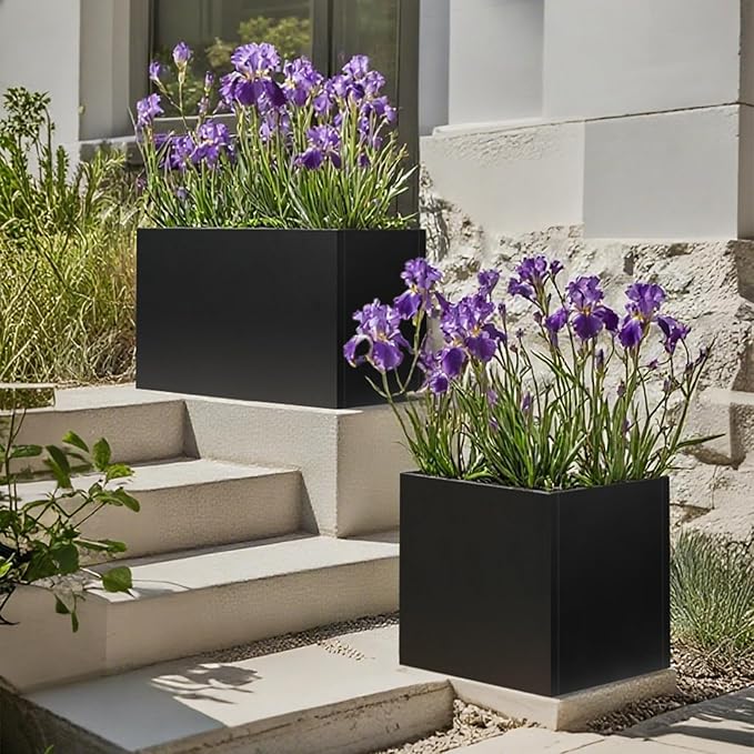 Black Planter Box Galvanized Steel Metal Planter Rectangular Indoor Large Outdoor Planters Steel Metallic Heavy Flower Pot 36In x 12In x 16In Commercial Residential for Patio, Backyard, Garden