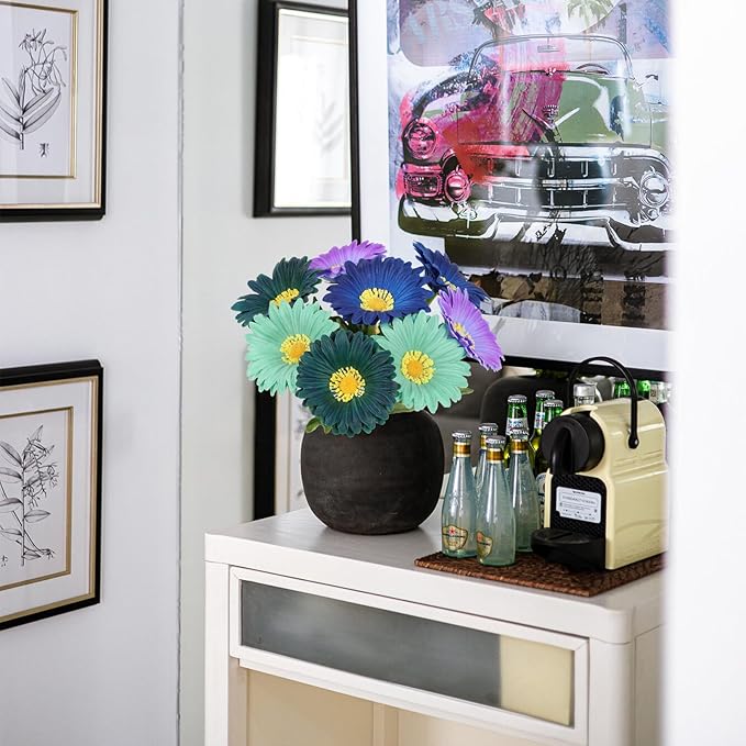 8 Pcs Multi Blue Flowers Small Artificial Gerbera Daisies 11.8” PU Faux Daisies for Table Centerpiece Arrangement Bathroom Kitchen Home Decor
