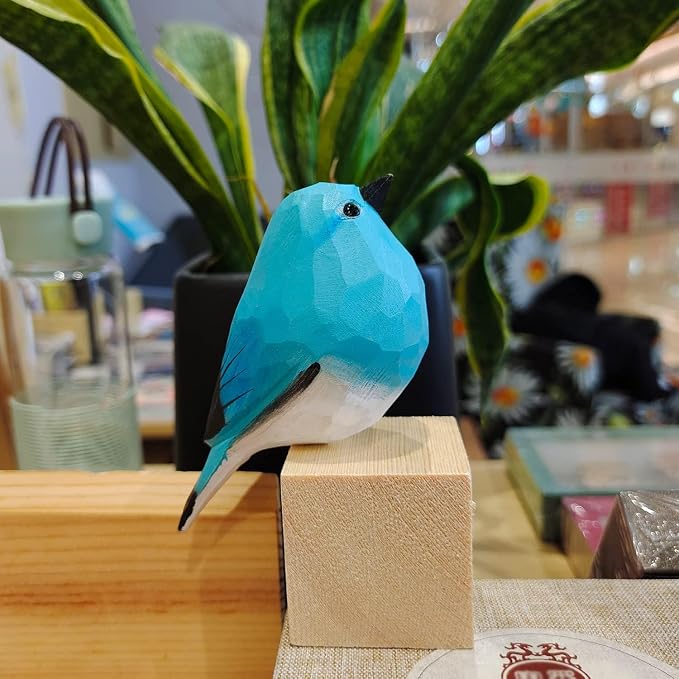 WEAUSUP Hand Carved Wooden Bird Figurine Gift for Bird Lovers | Hand carved wood bird statue with delicate paint,home shelf decor gift(Blue Robin)