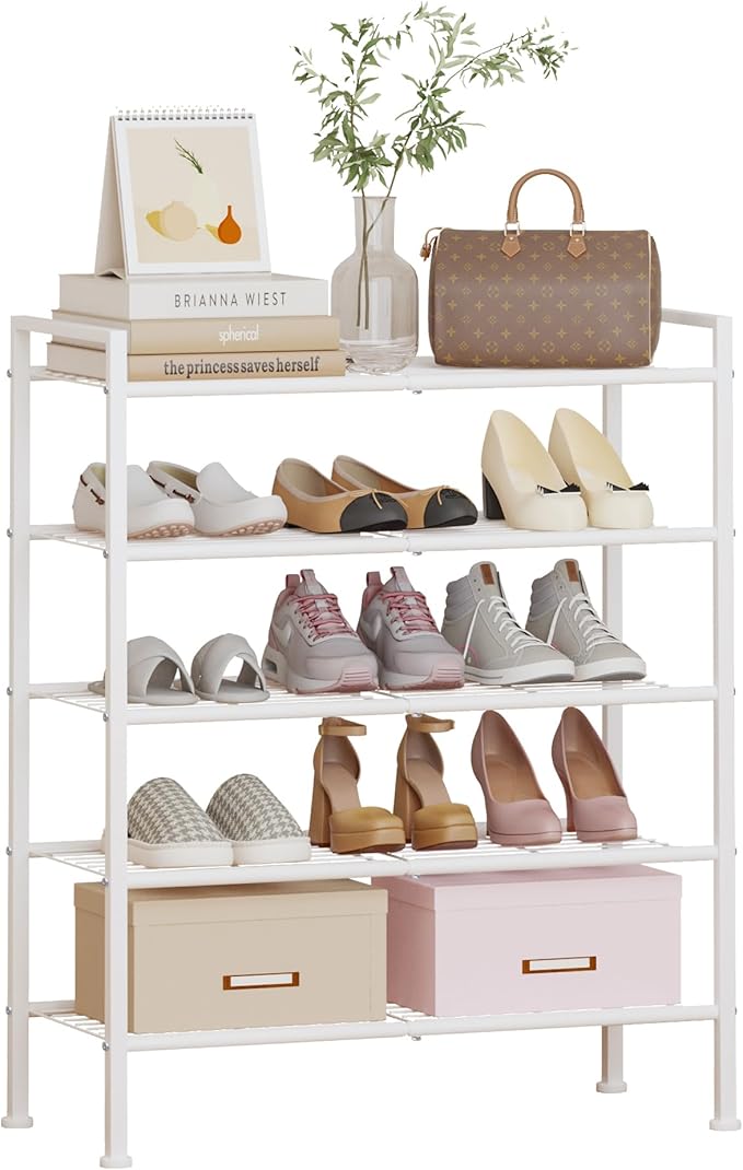 DongRong 5 Tier Shoe Rack,Metal Shoe Storage Organizer Shelf for Closet,Entryway, Garage,Narrow Space(White, 5 Tier)
