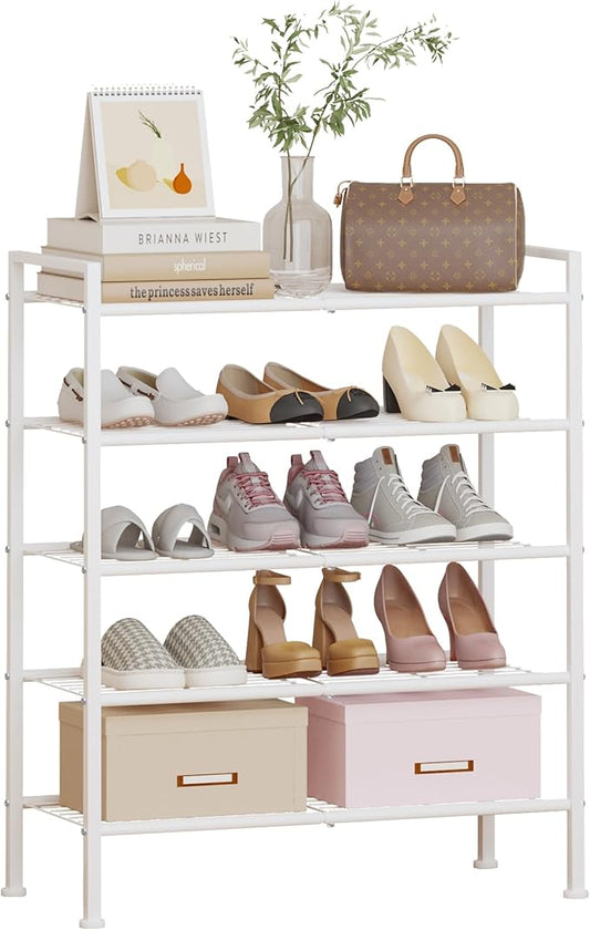DongRong 5 Tier Shoe Rack,Metal Shoe Storage Organizer Shelf for Closet,Entryway, Garage,Narrow Space(White, 5 Tier)