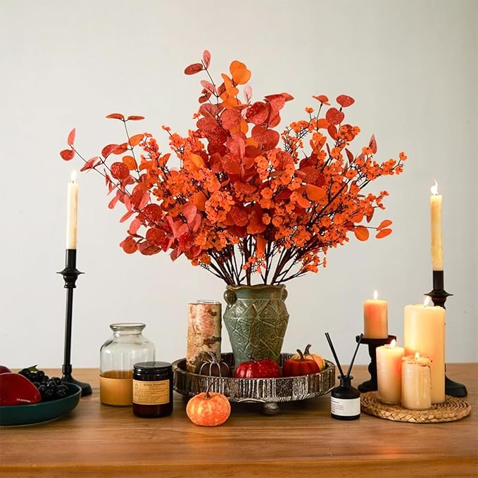 Yastouay Fake Fall Flowers Thanksgiving Table Decor, 15Pcs Fall Orange Faux Artificial Flowers for Decorations, Babys Breath Artificial Flowers Bulk for Thanksgiving Fall Decor Floral Arrangement