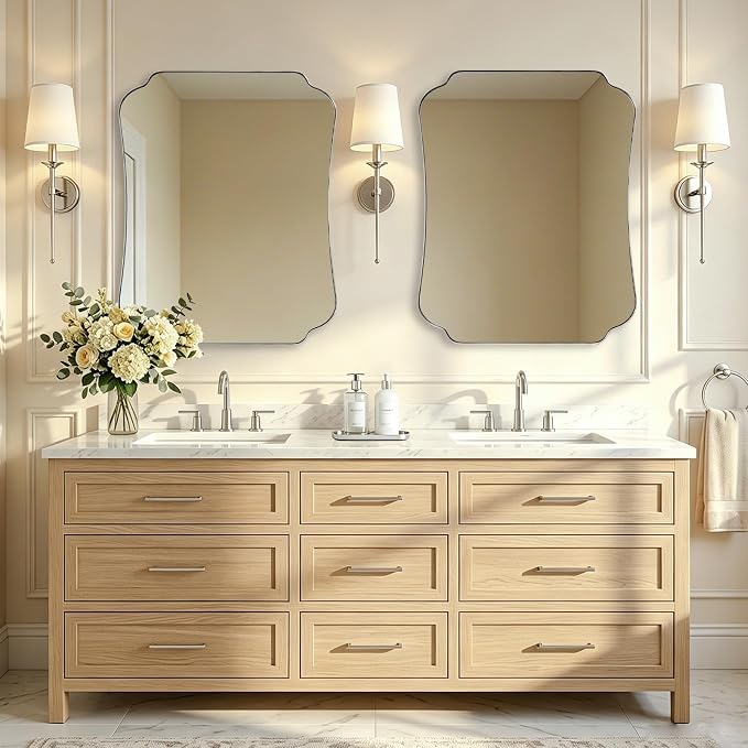 ANDY STAR 24"x30" Brushed Nickel Mirror, Scalloped Bathroom Wall Mirror with Metal Frame for Vanity, Vintage Notched Edges Design Ideal for Entryway, Living Room & Bedroom Decor
