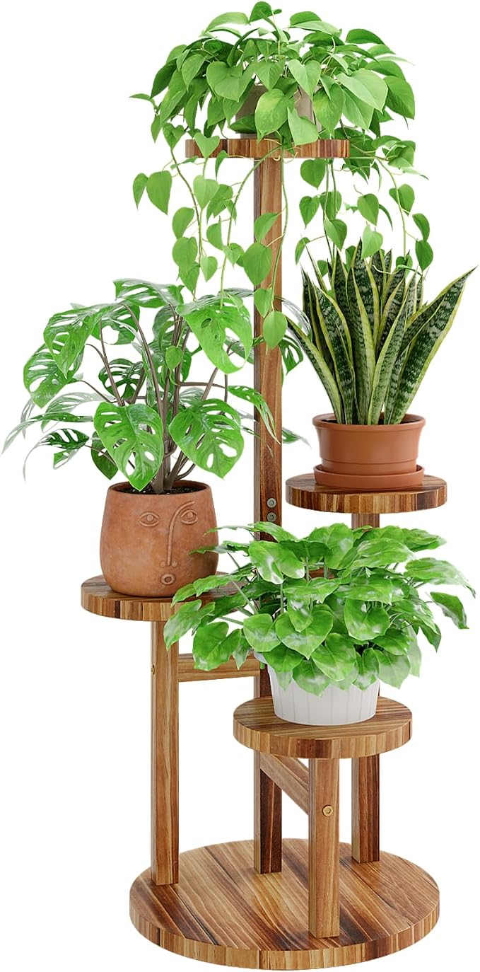 Bamworld Plant Stand Indoor Plant Shelf 4 Tier Wood Plant Stand for Multiple Plants, Tall Corner Plant Stands for Outdoor Round Flower Stand Plant Holder for Living Room Patio Garden Balcony