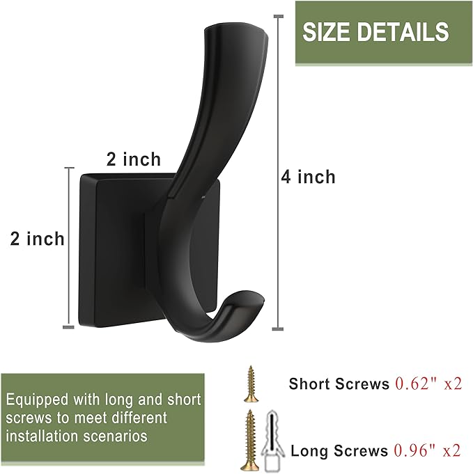 TOFIIGREM Black Towel Hooks, Coat Robe Hooks Bathroom Entryway Mudroom Pool Hooks for Wall Mount Hanging Towels Bathrobe Key Hat Backpack (2 Pack, Black)