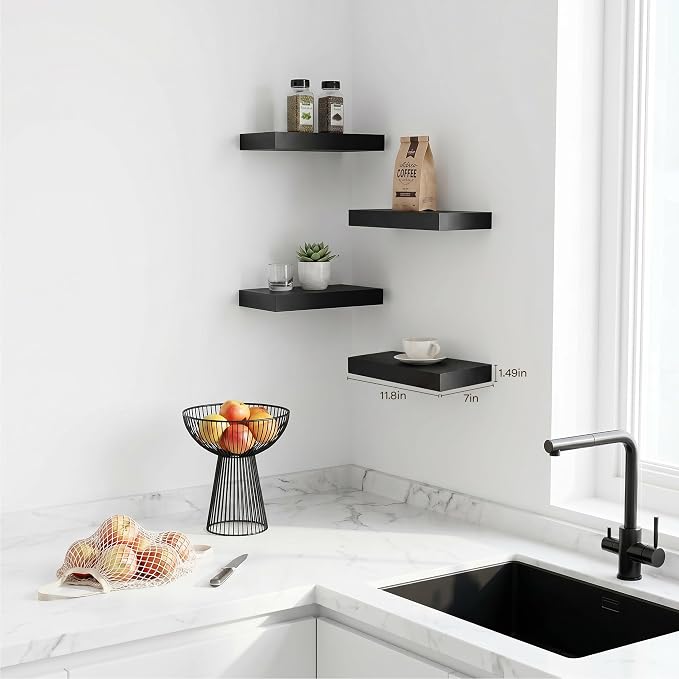 Black Floating Shelves for Wall Set of 4, 11.8 Inch Small Wall Shelves for Bathroom Over Toilet, Home Office & Bedroom Storage, Wall Mounted Shelf System for Decor, Books & Collectibles