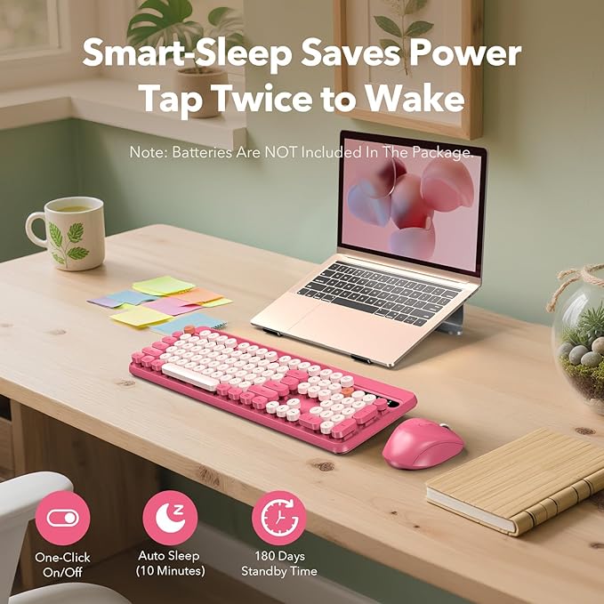 Wireless Keyboard and Mouse Combo, Retro Round Keycaps, Full-Size Cute Typewriter Keyboard with Large Phone/Tablet Holder, Auto-Sleep, 2.4GHz Cordless Connection for Windows/PC/Laptop