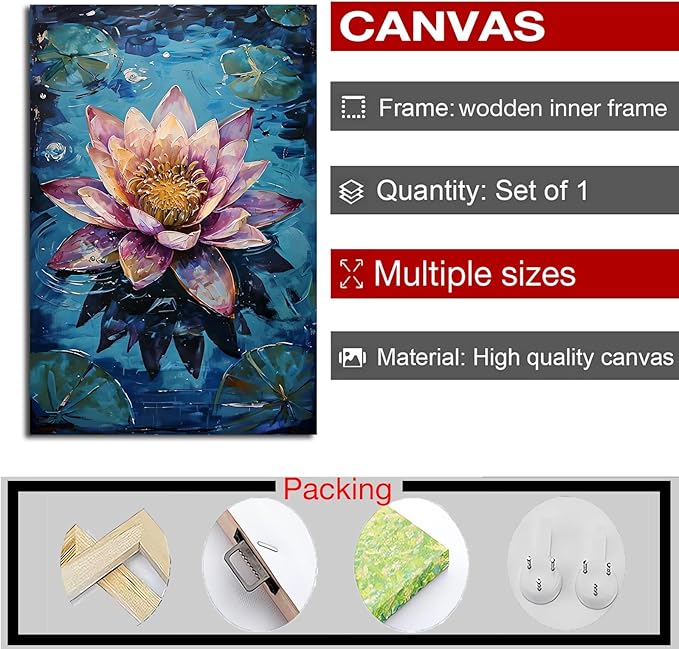 Gorgeous pink and purple water lilies on deep blue water Eye-catching oil painting Serene aquatic wall art for modern home decor 16x24in Wood Framed