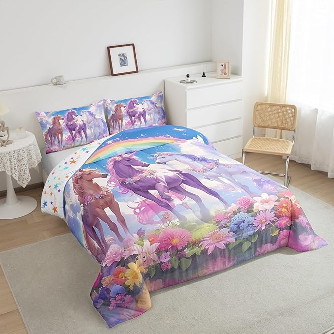 Castle Fairy Dreamy Unicorn Comforter Set Queen Size,Rainbow Blue Sky Colorful Flowers Reversible Bedding Set for Women Adult,Cartoon Animal Floral Galaxy Luxury Bed Duvet Insert, 2 Pillowcases