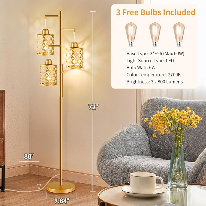 Dimmable Floor Lamp, Farmhouse Standing Lamp with Elegant Metal Cage, Industrial Tall Tree Floor Lamps for Living Room, Bedroom, Study Room, Office, 3 x 800LM LED Bulbs Included, 72", Gold