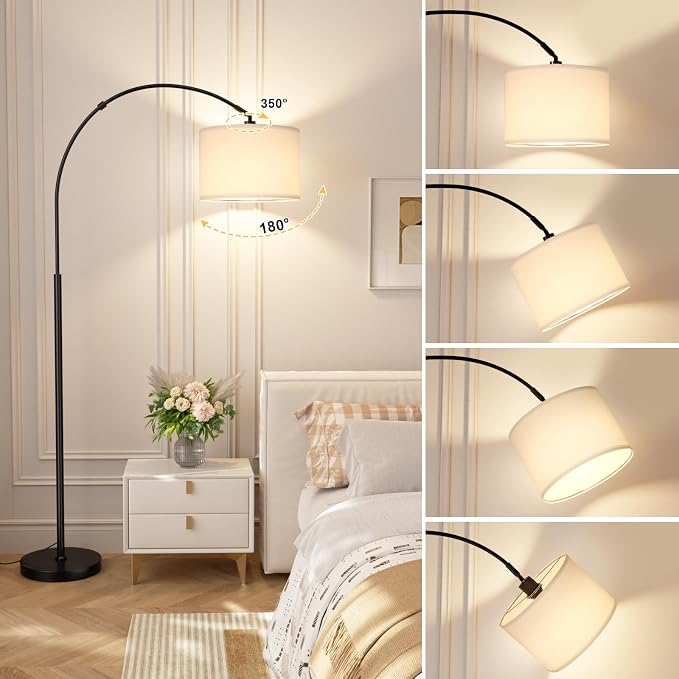 Ambimall Dimmable Arc Floor Lamp with Remote, Color Temperatures and Brightness Adjustable, Arched Floor Lamp with Rotating Head, Over Couch Arched Reading Light for Living Room (White and Black)