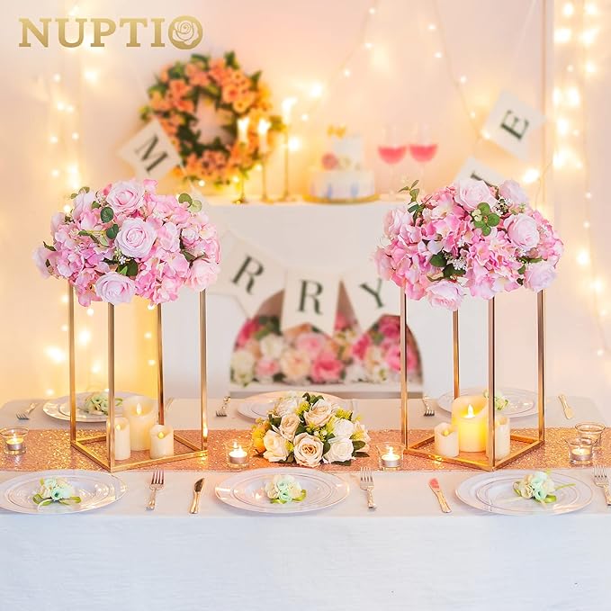 Nuptio Gold Vase for Wedding Centerpieces with Acrylic Panel - 10 Pcs 15¾ inch Tall Vases for Centerpieces for Wedding Gold Vases for Flowers Wedding Tables Home Party Centerpiece Table Decorations