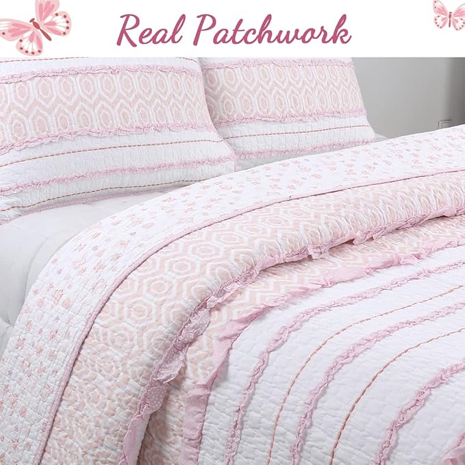 Cozy Line Home Fashions Pretty in Pink Girly Ruffle Stripped 100% Cotton Reversible Quilt Bedding Set, Coverlet, Bedspread (Pink Princess, Twin - 2 Piece: 1 Quilt + 1 Sham)