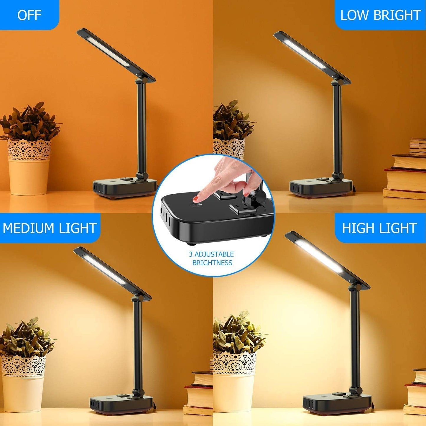 Yostyle LED Desk Lamp - 4 USB Charging Ports & 2 AC Outlets | 3-Level Brightness, Touch Control