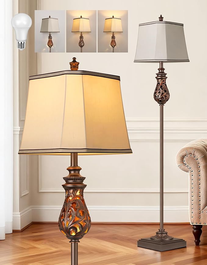 64'' Vintage Floor Lamp with Nightlight, Rustic Farmhouse Tall Standing Lamp with Rotary Switch and Beige Faux Silk Shade for Living Room, Corner, Bedroom, House Decor, Brown (Bulb Included)