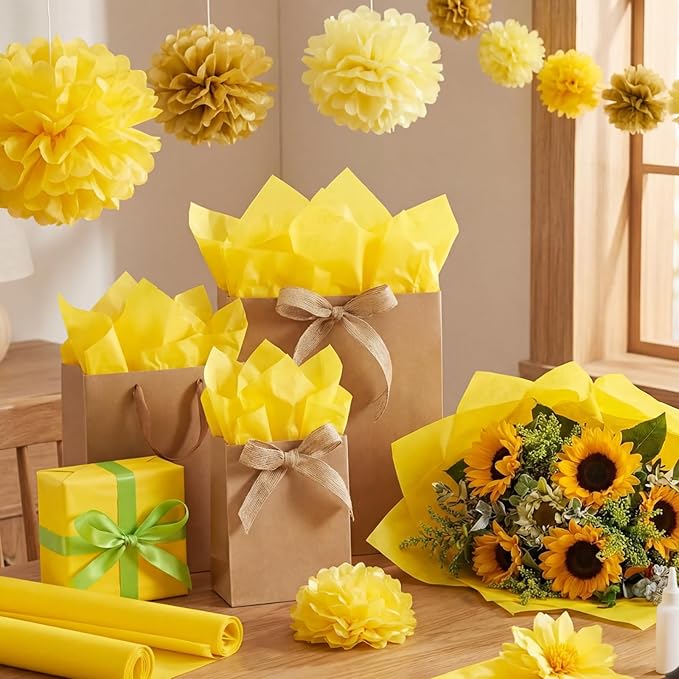 Qilery 500 Sheets Yellow Tissue Paper Bulk for Gift Bags 15 x 20 Inch Acid Free Christmas Packaging Wrapping Paper Sheets for Yellow Party Decoration DIY Craft, Bouquet, Pastry, Wedding