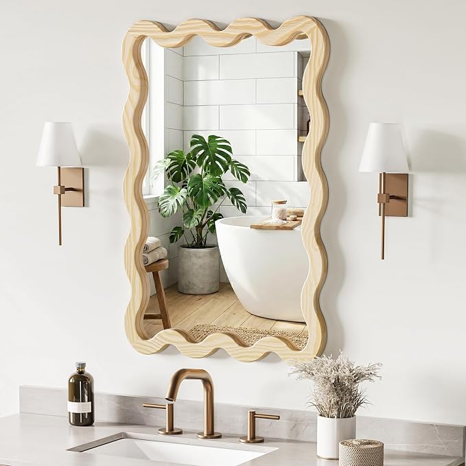 24"x36" Wood Bathroom Mirror & Wavy Wall Mirror, Large Solid Wood Asymmetrical Mirror for Vanity, Natural Wooden Frame Squiggle Mirror, Japandi Boho Aesthetic Decor