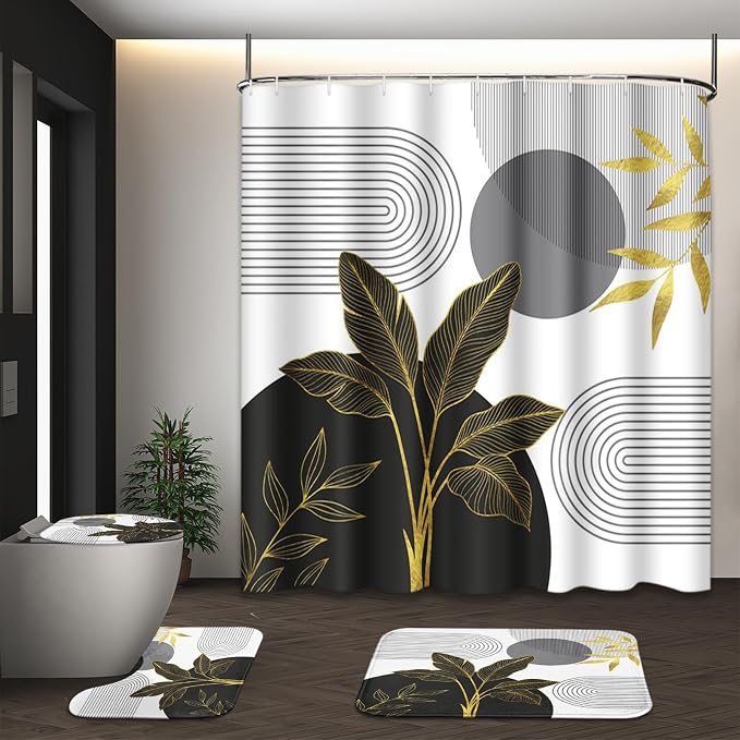 Boho Grey and Gold Shower Curtain Set with Toilet Lid Cover and Non-Slip Rugs, Mid Century Modern Abstract Minimalist Leaves Neutral 4 Pcs Shower Curtain for Bathroom Set with 12 Hooks