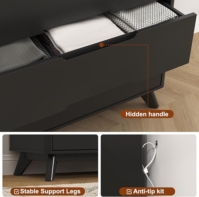 3 Drawer Dressers for Bedroom, 32" Large Wood Storage Dresser & Chest of Drawers with Charging Station, Wide Modern Dressers with 3 Drawer Storage Organizer for Bedroom Living Room Closet, Black